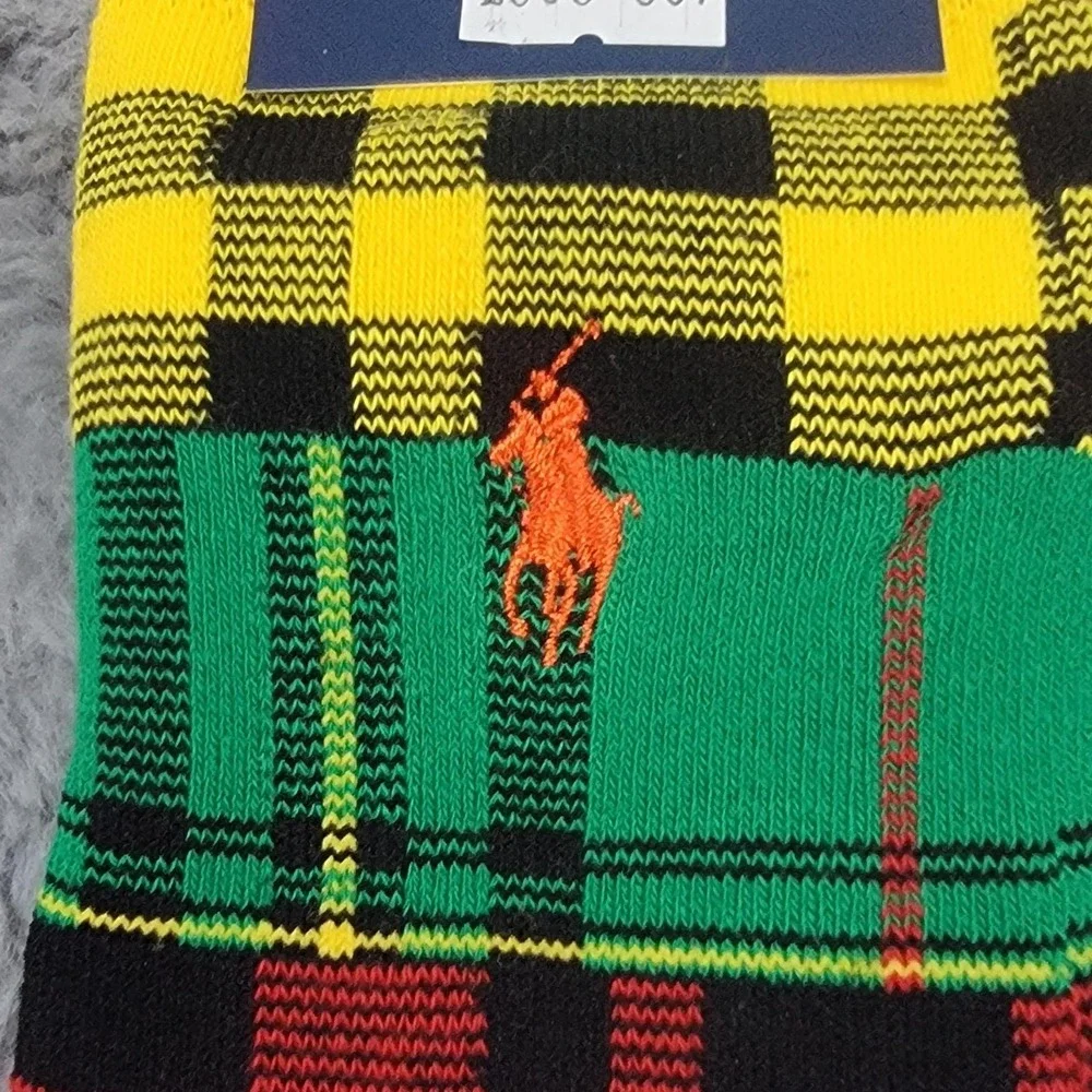 Polo Ralph Lauren Socks Mens 10-13 Patchwork Plaid Colorblock Pony Crew 2 Pairs